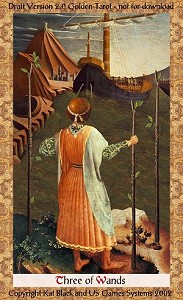 Três de Paus no Golden Tarot de Kat Black