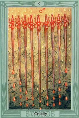 Crueldade, o Nove de Espadas no Thoth Tarot de Crowley-Harris 
