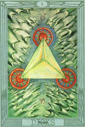 Obra, o Três de Ouros no Thoth Tarot de Crowley-Harris