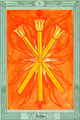 Virtude, o Três de Paus no Thoth Tarot de Crowley-Harris
