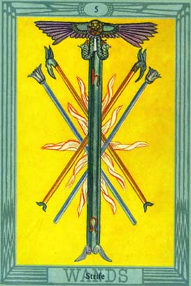 Luta, o Cinco de Paus no Thoth Tarot de Crowley-Harris