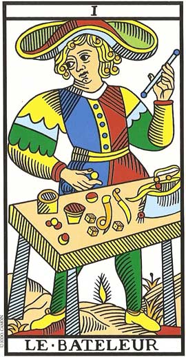 O Prestidigitador (ou Mgico ou Pelotiqueiro ou Saltimbanco) no Tarot de Marseille restaurado por Jodorowsky e Camoin