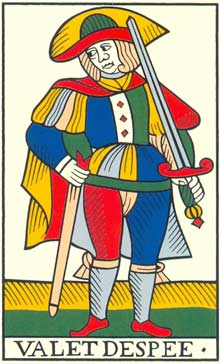 Valete de Espadas no Tarot de Jean Noblet restaurado por Jean-Claude Flornoy