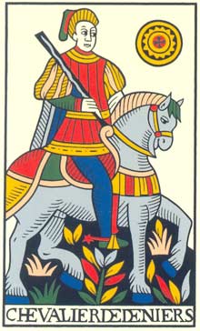 Cavaleiro de Ouros no Tarot de Jean Noblet restaurado por Jean-Claude Flornoy