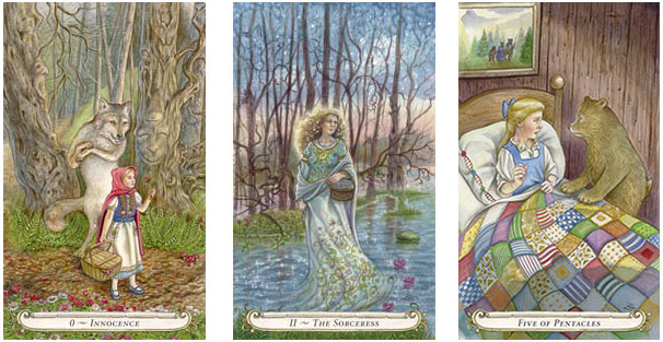 Fairy Tale Tarot: 0.Inocencia, 2.A Feiticeira  e o Cinco de Paus.jpg