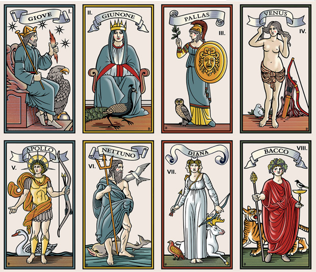 Trunfos 1 a 8 do Marziano Tarot, recriados por Robert Place