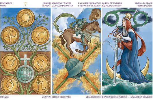 Sete de Ouros, Cavaleiro e Rainha de Espadas no Universal Wirth Tarot