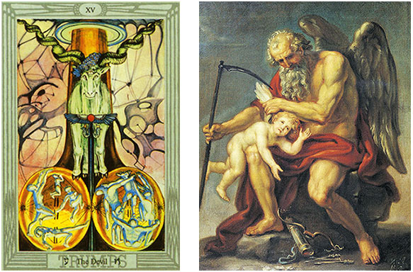 O Diabo no Tarot de Crowley e tela de Cronos cortando as asas de Cupido]