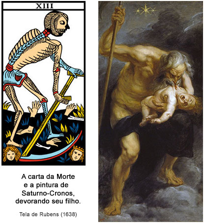 A carta 13. A Morte, no Tarot de Marselle e Cronos devorando seu filho - pintura de Rubens.