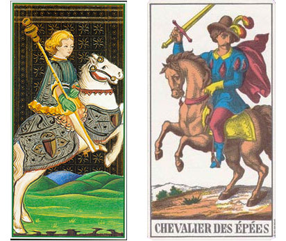 Cavaleiro de Paus no Tarot Visconti Sforza e Cavaleiro de Espadas no 1JJ Swiss Tarot