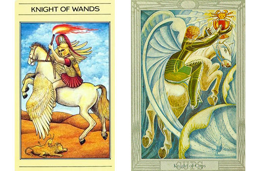 Cavaleiro de Paus no tarot Mitológico e Cavaleiro de Copas no Thoth Tarot