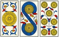 O Ás, o Dois e o Sete de Ouros no Tarot de Marselha-Grimaud