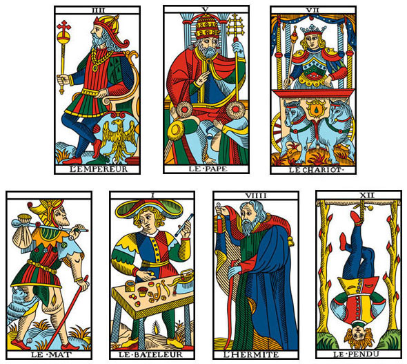 As oito cartas do arcanos maiores com presença exclusiva de personagens masculinos