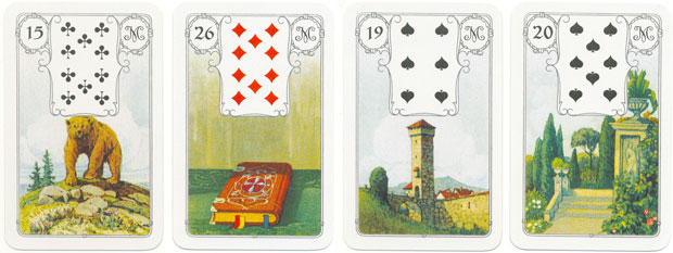 Cartas 15, 26, 19 e 20 do baralho Lenormand