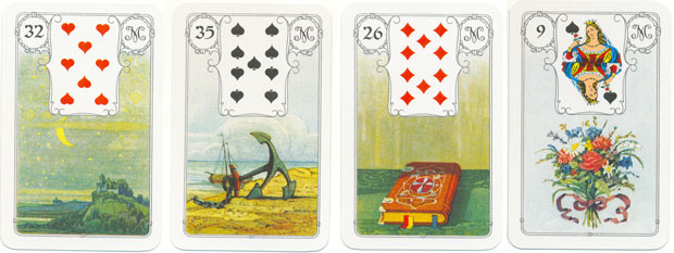 Cartas 32, 35, 26 e 9 do baralho Lenormand