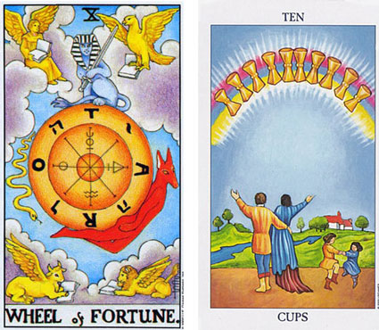 Roda da Fortuna e Dez de Copas no Waite Tarot