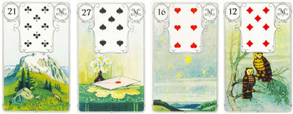 2019 pelo Petit Lenormand - cartas 21, 27, 16 e 12