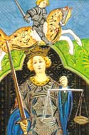 Detalhe de 8. A Justiça, no Tarot Visconti Sforza (1450)