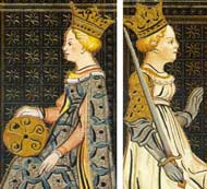 Detalhes das Rainhas de Ouros e de Espadas no Tarocchi Visconti Sforza