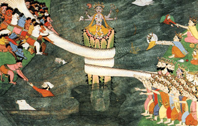 Gods and Demons Churning the Milk Ocean - India: Rajput - Eighteenth or Nineteenth century  - The gods and the demons work together, churning the milk ocean in order to obtain the elixir of immortality. 

